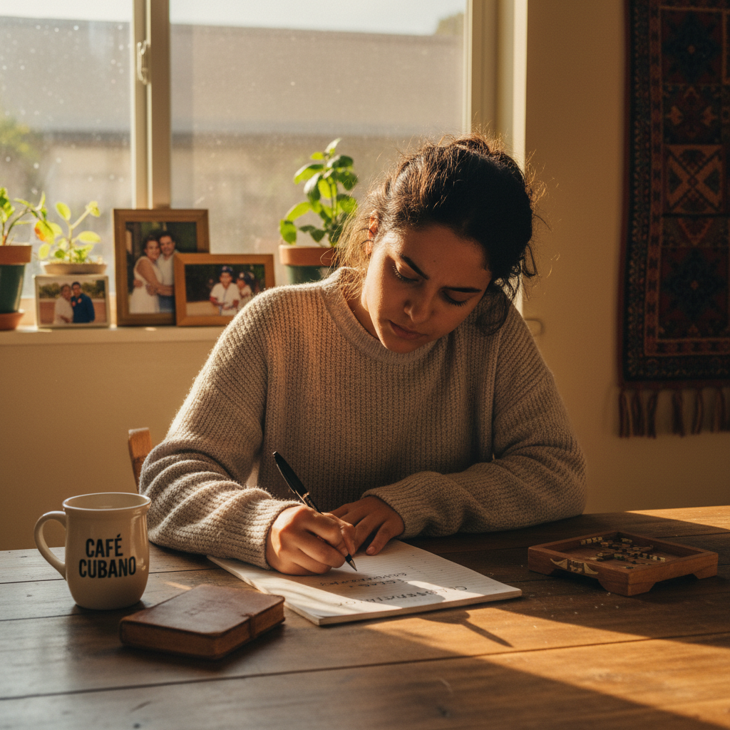 First-generation Cuban American student writing college application essay at kitchen table in Orlando