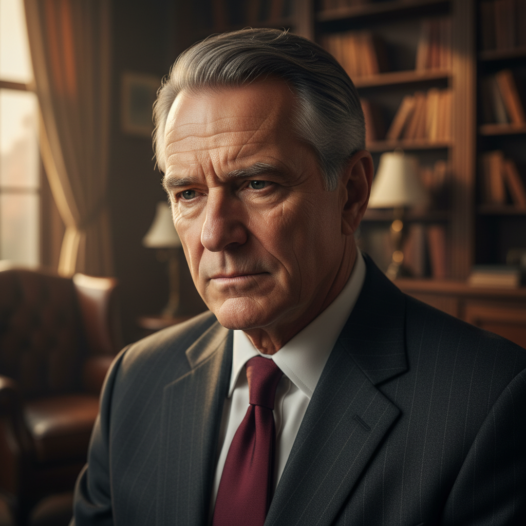 Senior attorney with thoughtful expression, evening light