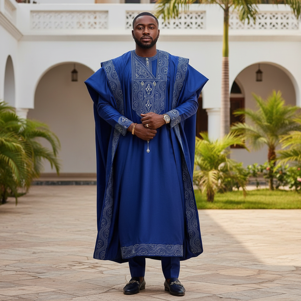 Elegant flowing agbada traditional Yoruba robe in rich fabric, dark studio background, deep shadows, ceremonial attire