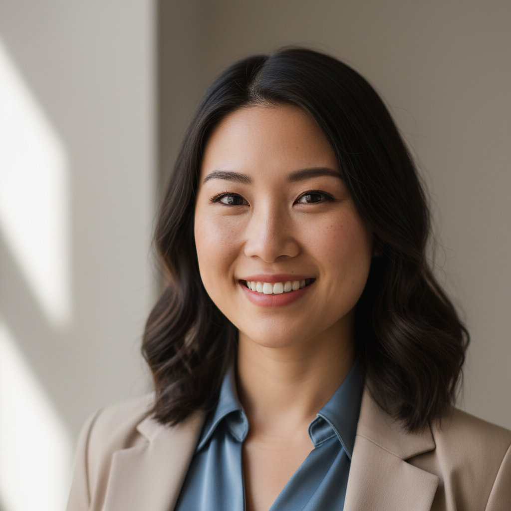 Jennifer, smiling Asian American woman in casual clothes