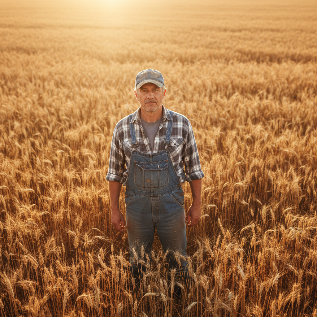 Middle-aged male farmer in a baseball cap standing in a wheat field