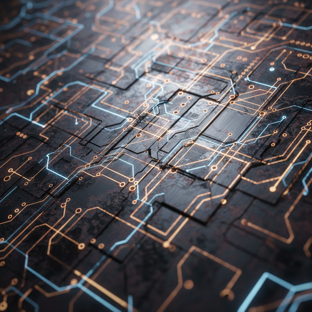 Circuit board technology in dark blue lighting, complex electronic pathways, deep shadows