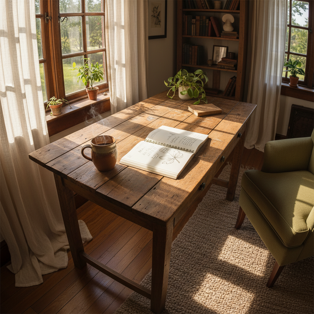 Handwritten notebook pages on rustic desk, warm morning light, creative workspace