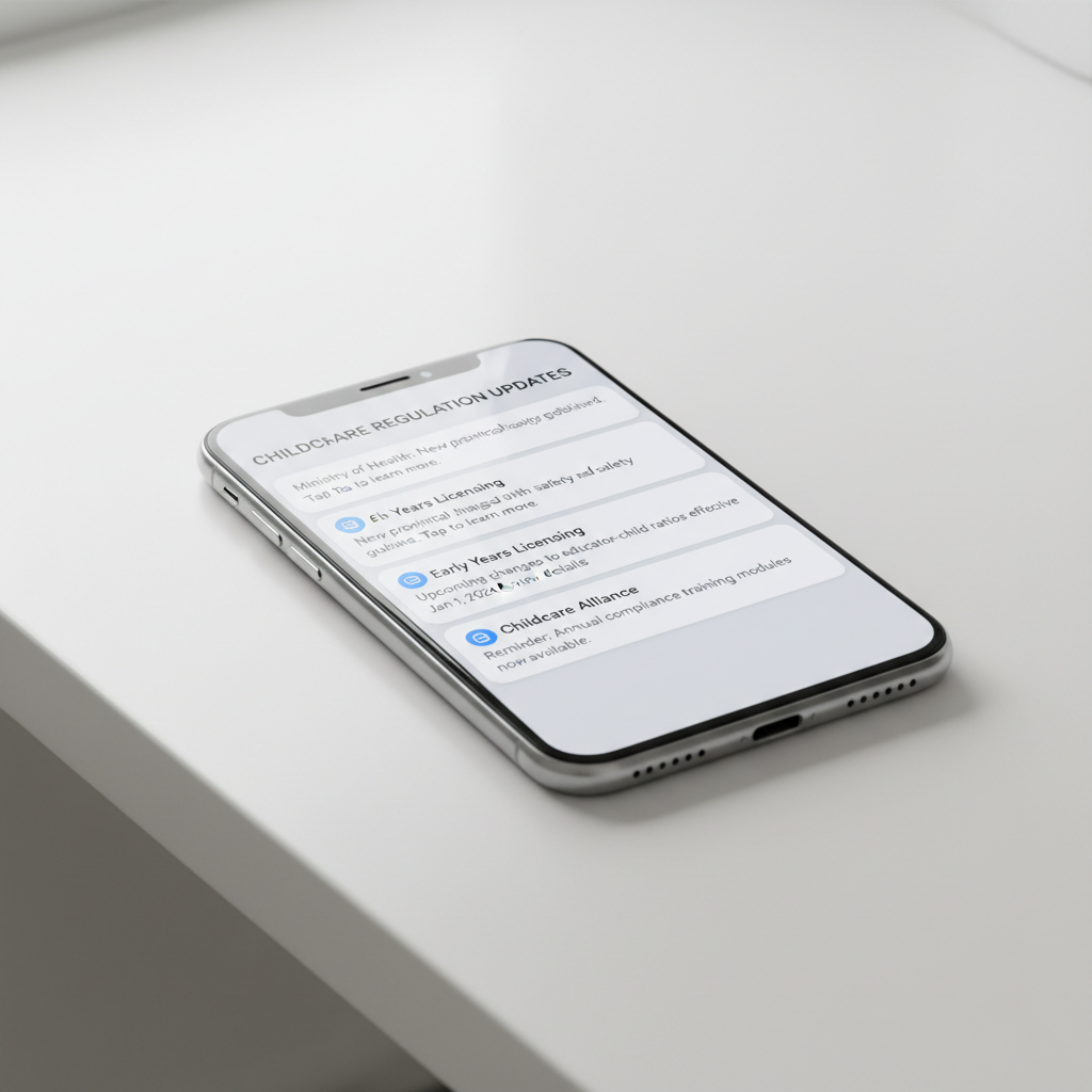 Smartphone displaying push notification alerts for childcare regulation updates