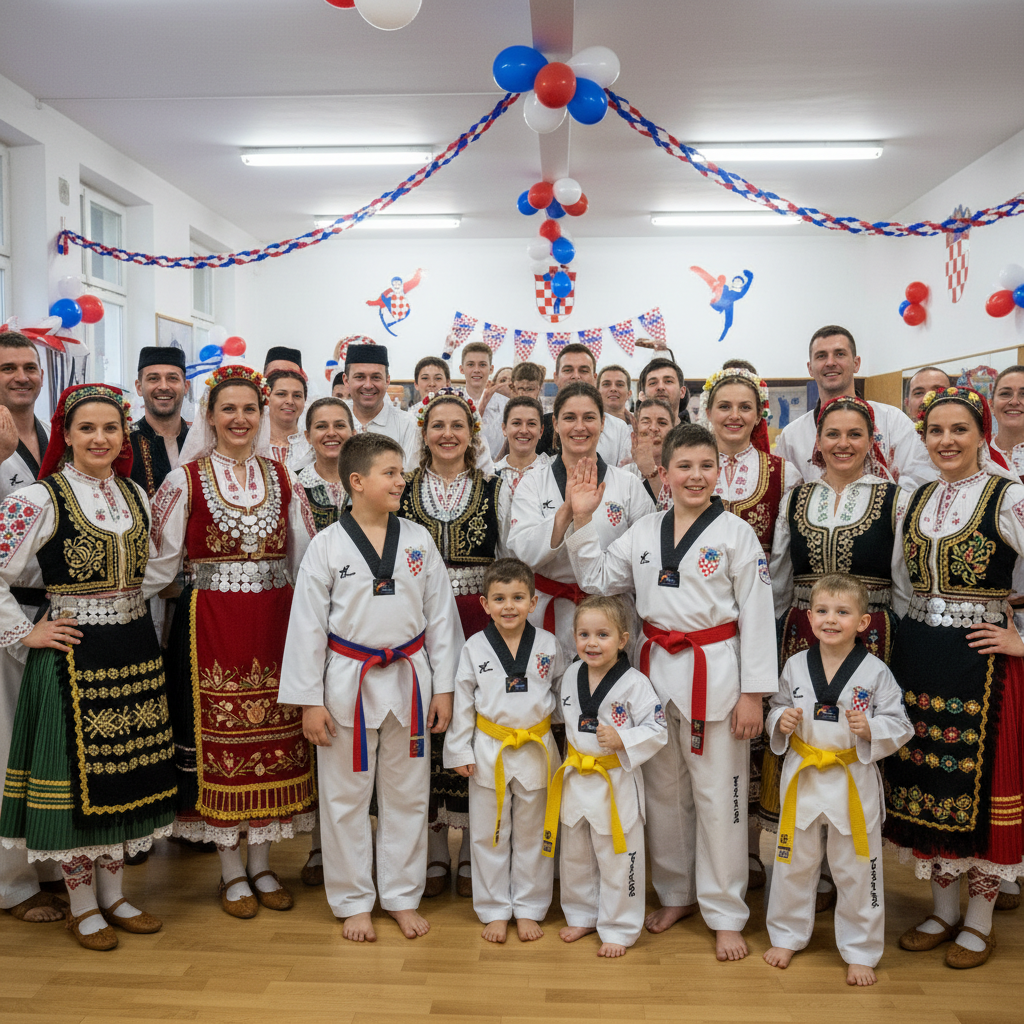 Croatian families in traditional folk costumes and taekwondo uniforms celebrating together in decorated training hall