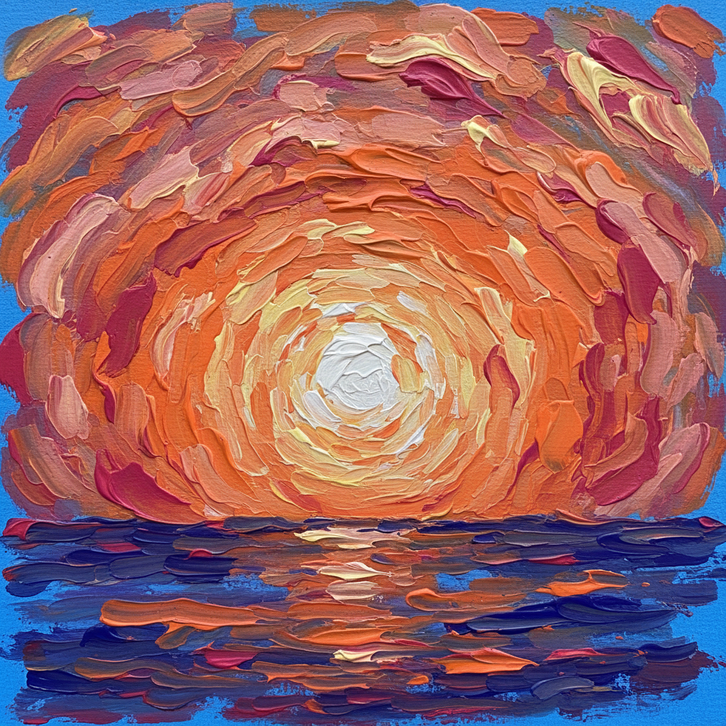Finger painting of a sunset with bright orange and pink swirls on blue paper