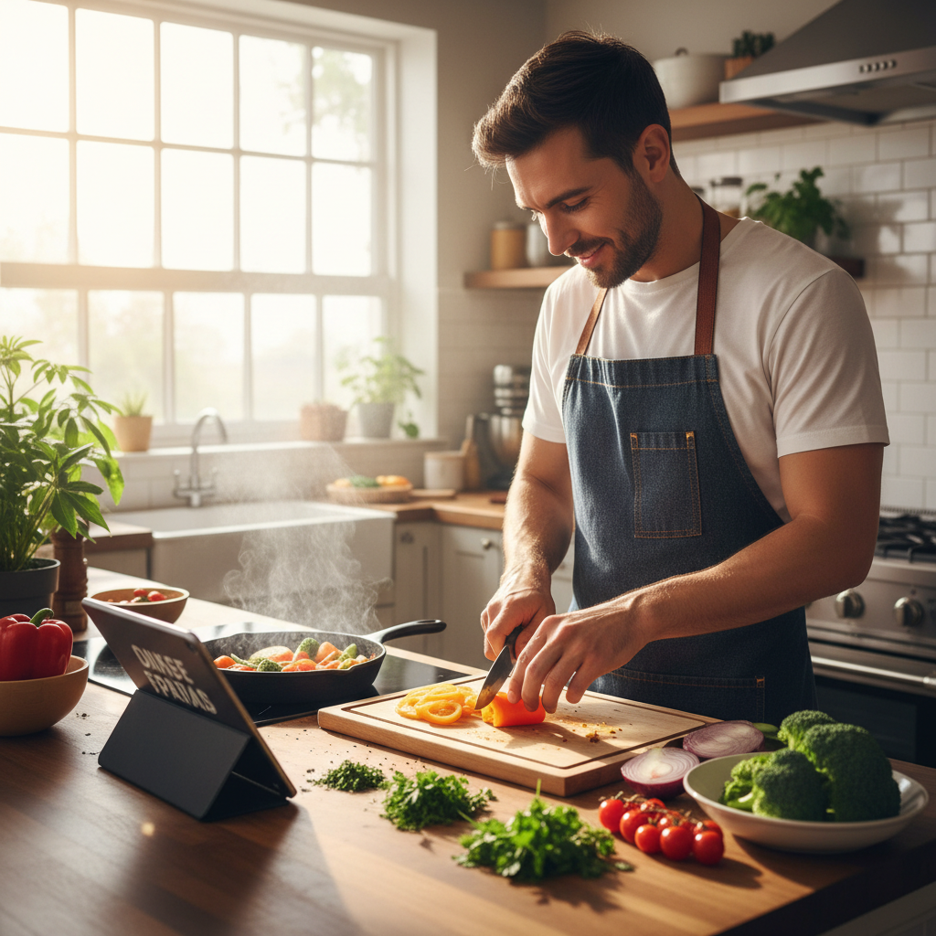 Person cooking a meal in a modern kitchen