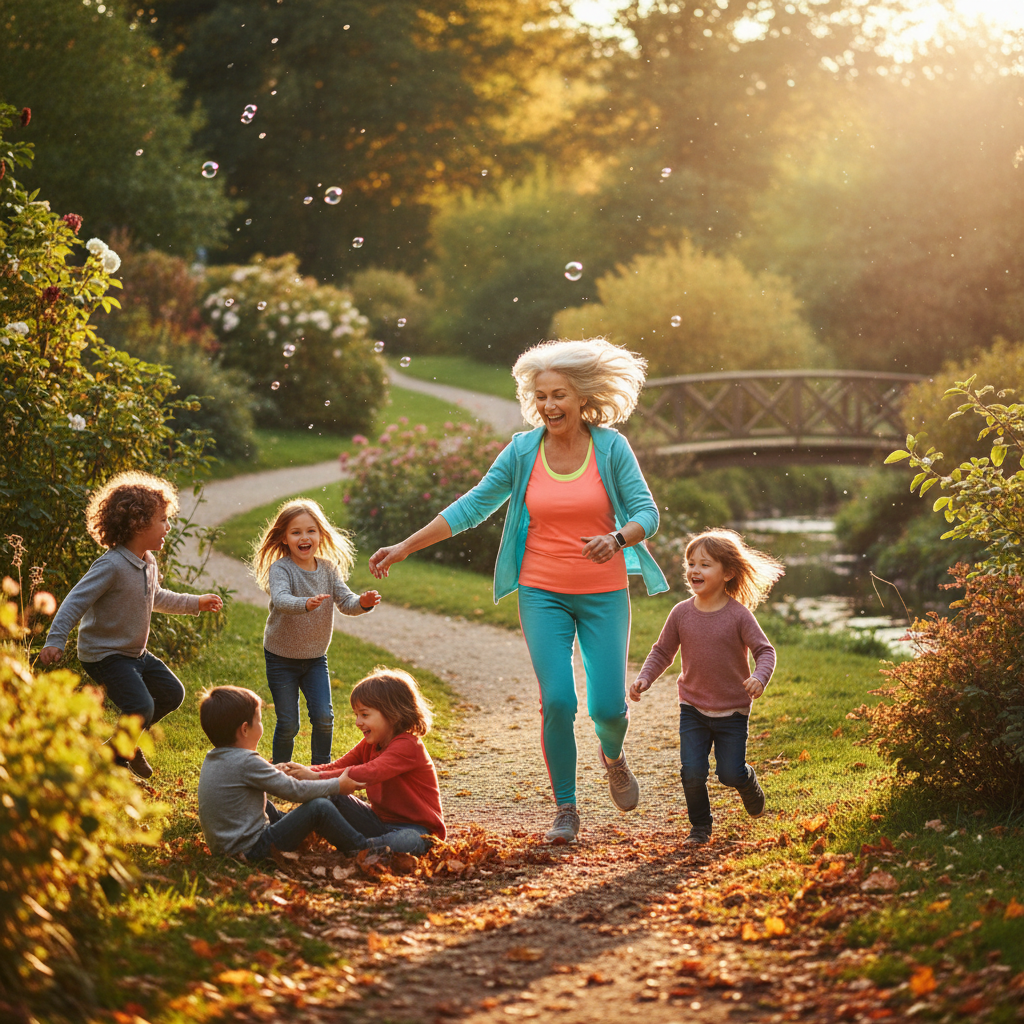 Energetic woman over 50 playing joyfully with children outdoors, demonstrating natural energy and vitality
