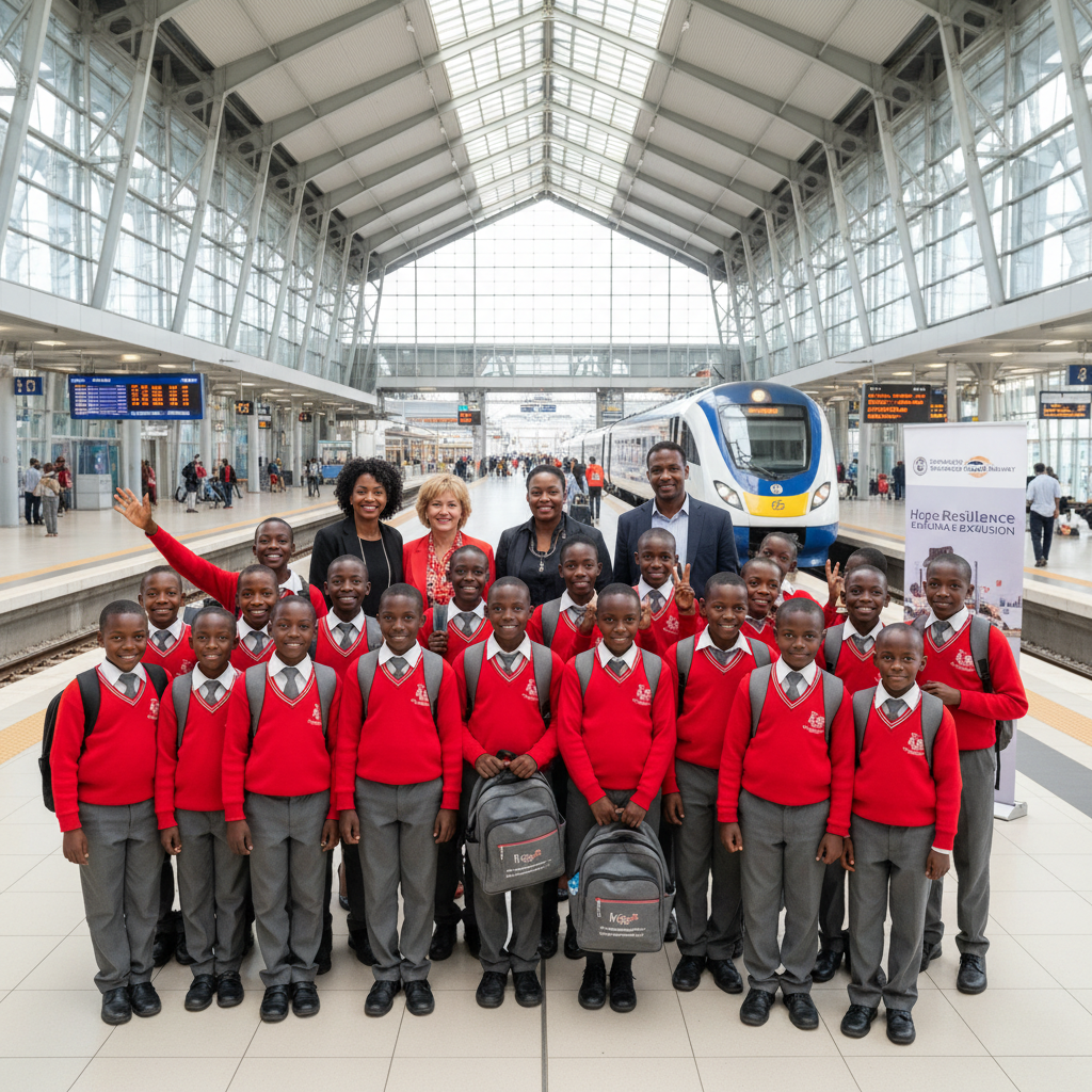 Hope Resilience Academy students in red sweaters and grey uniforms posing with adults at Nairobi Terminus during an educational excursion to the Standard Gauge Railway