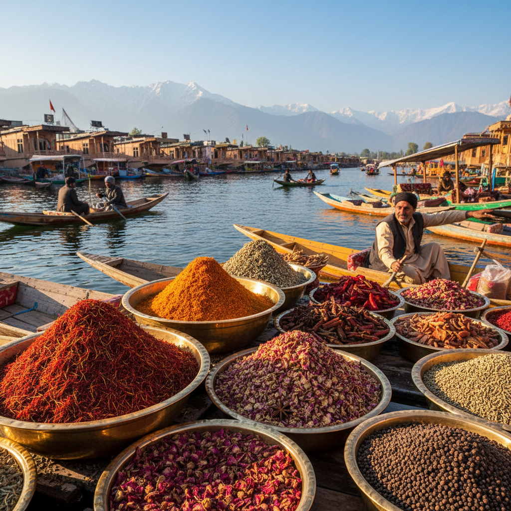 Colorful spice stalls on floating boats at the Dal Lake market, saffron and dried herbs in brass bowls