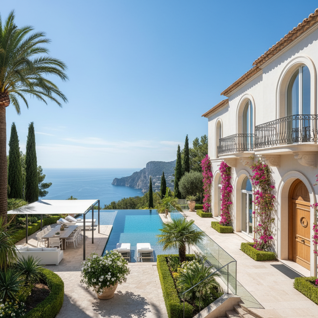 White Andalusian luxury villa with large pool and tropical garden, Nueva Andalucia, bright afternoon light