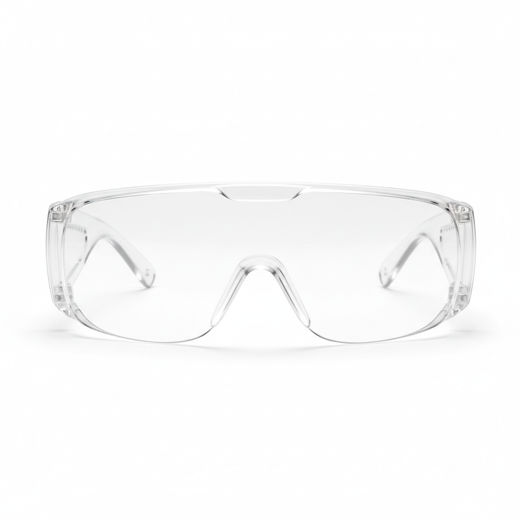 Clear safety glasses on bright white surface, clean studio lighting