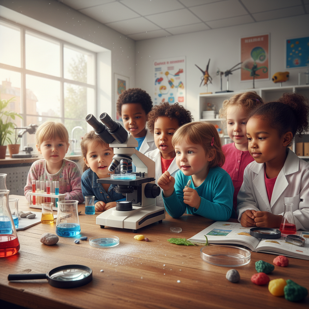 Boy looking through a microscope with wonder, science experiment, curious expression