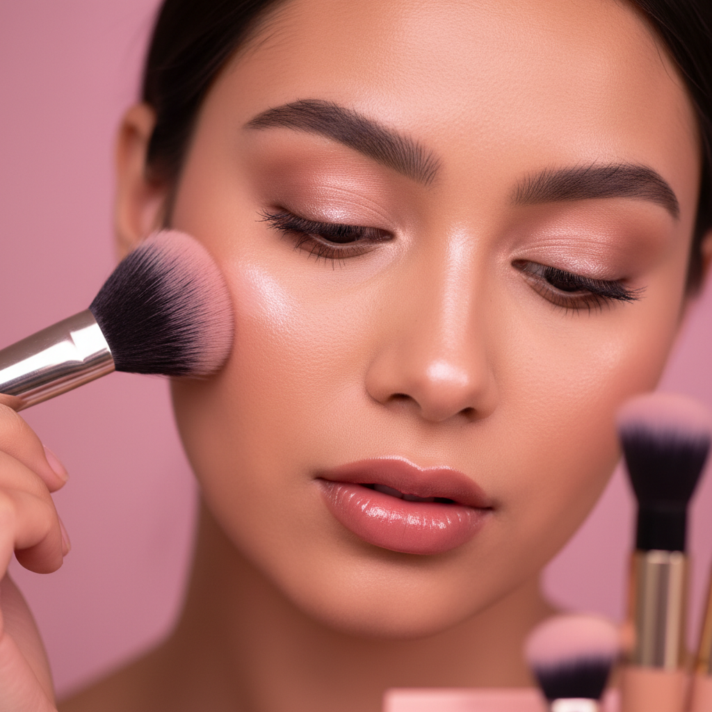 Beauty influencer applying makeup with soft pink lighting for a Xiao Hong Shu KOL campaign