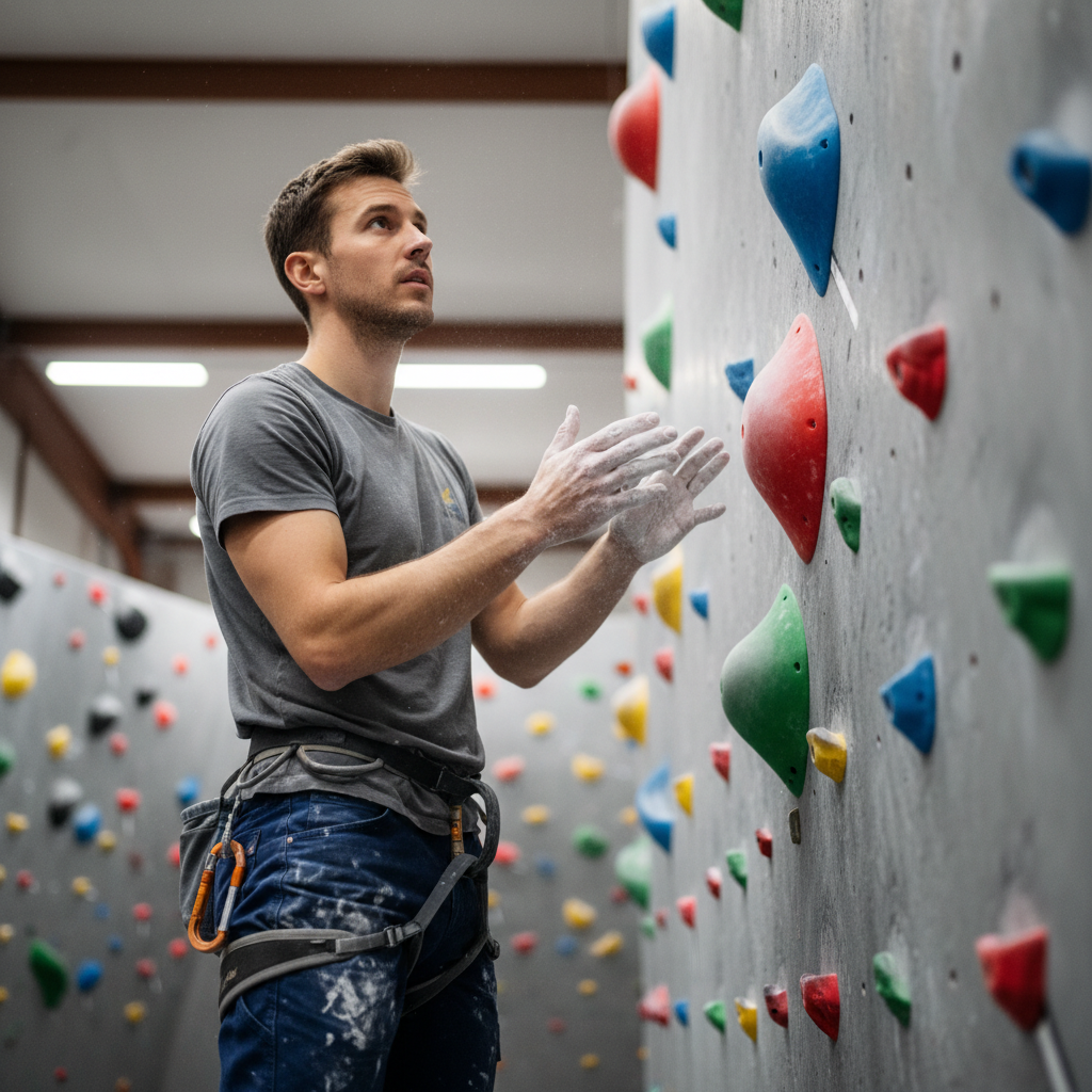 Dmitri Vance, chief route setter, chalk on hands near climbing wall