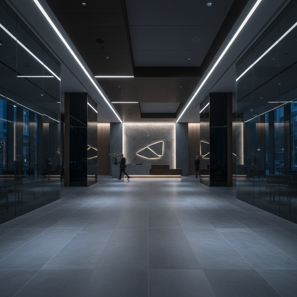 Lobby de edificio de lujo con azulejos efecto granito negro de gran formato, iluminación arquitectónica dramática y mobiliario contemporáneo