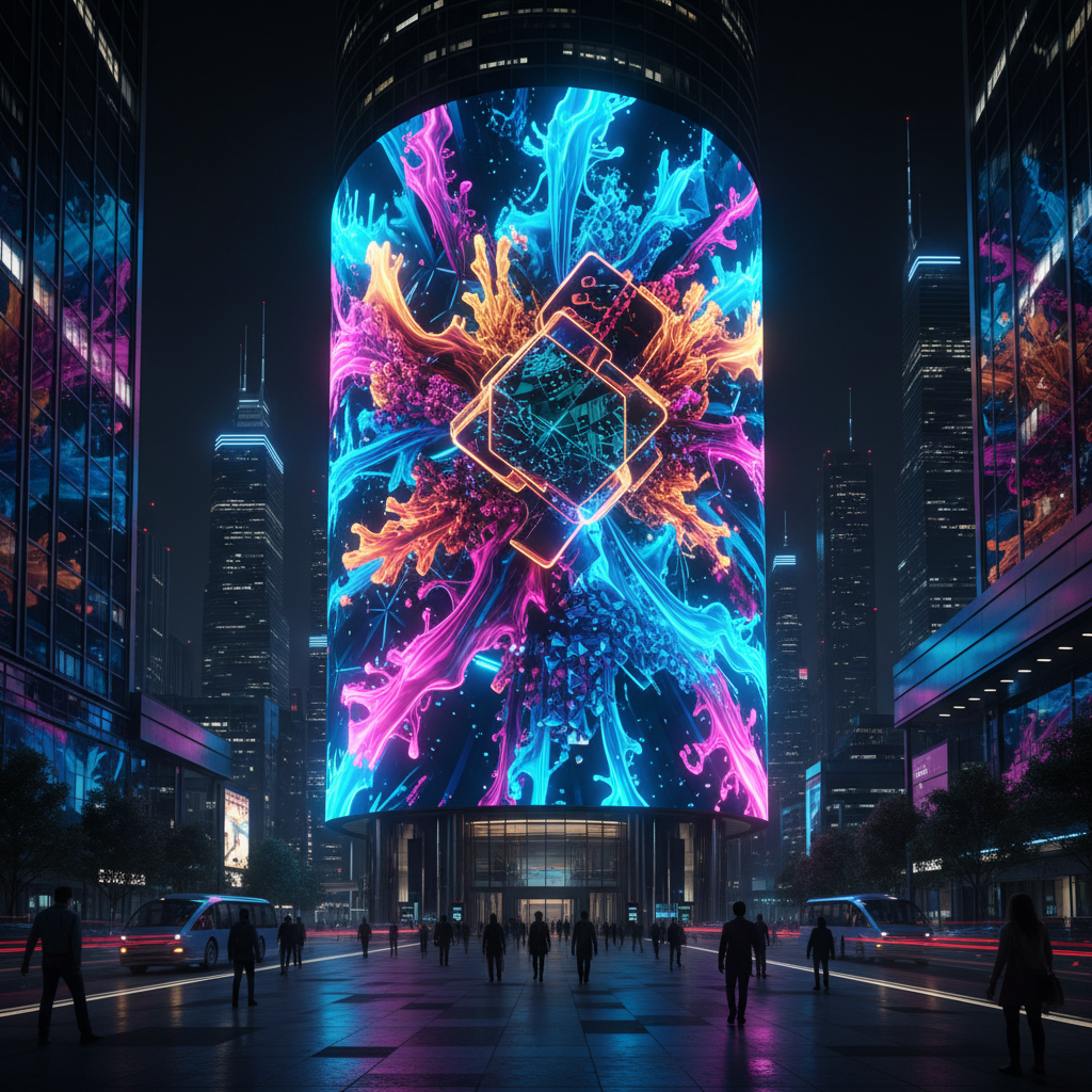 Neon-lit digital landscape with futuristic architecture at night