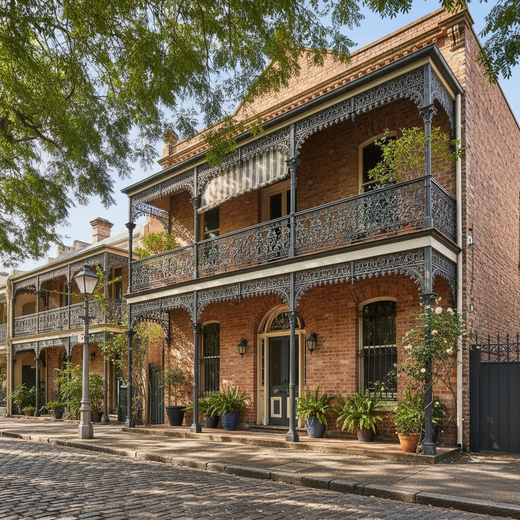 Heritage sandstone terrace facade in Leichhardt showing dark overflow staining below gutter line