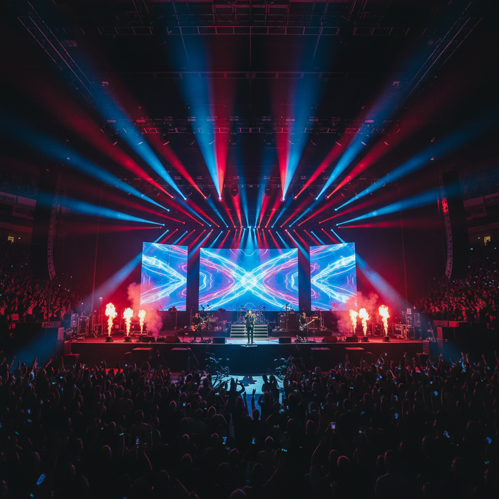 Dark dramatic concert stage red lighting, deep shadows, intense moody atmosphere
