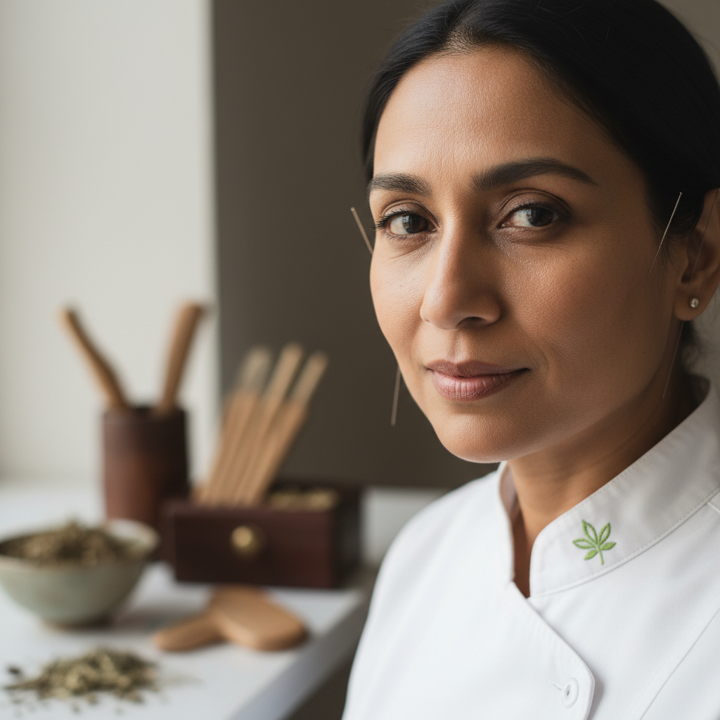 Portrait of a South Asian woman acupuncturist with professional demeanor