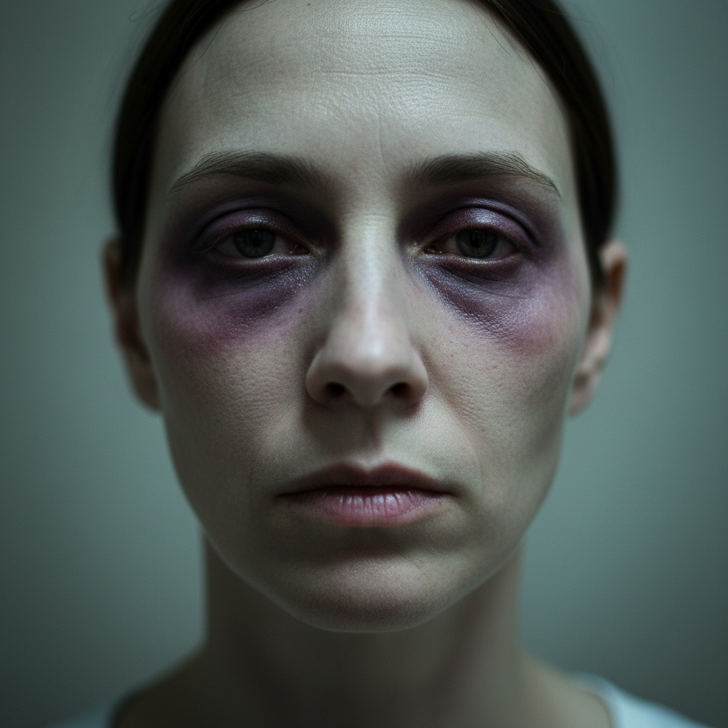 Tired, dull complexion with under-eye circles and fatigue signs in flat overhead lighting