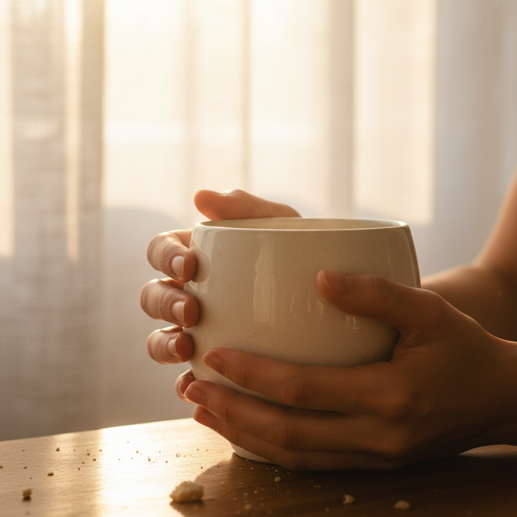 Hands holding a warm cup of tea, soft morning light, cozy and grounding atmosphere