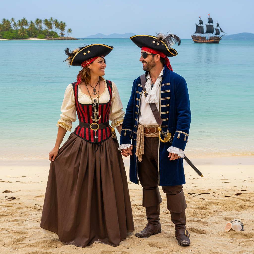 Guest couple in matching pirate costumes by the water