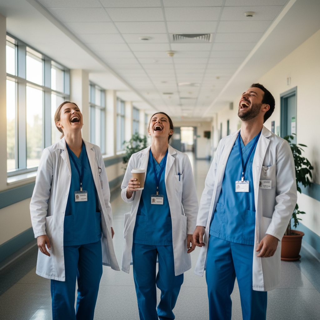 Three healthcare workers laughing in a hospital corridor, badge lanyards swinging, one holding a coffee cup, natural window light mixing with hallway fluorescence