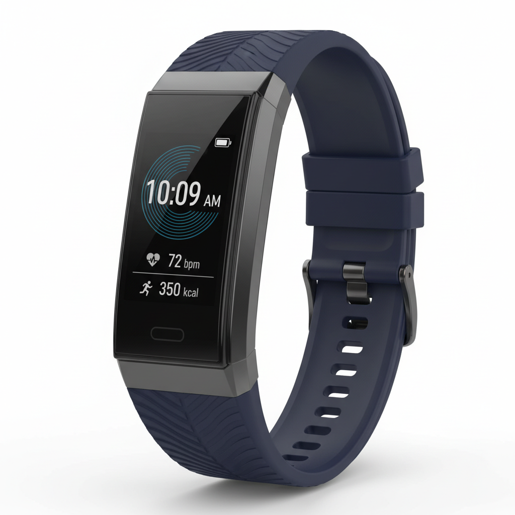 Blue smartwatch with square display showing fitness stats