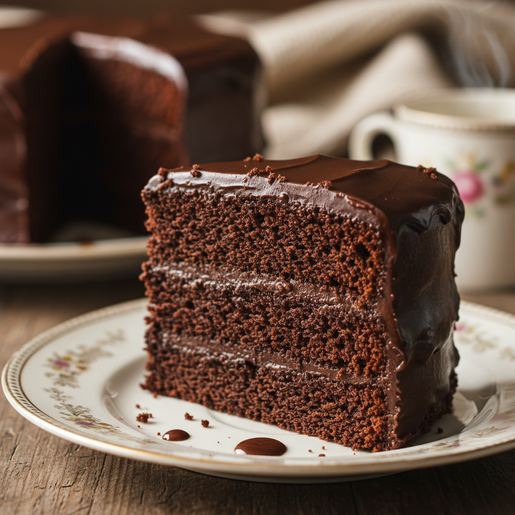 Slice of chocolate layer cake on vintage china plate — dessert recipe board cover