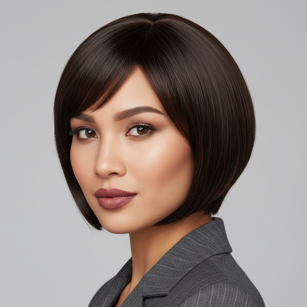 Woman with short synthetic bob wig in professional setting
