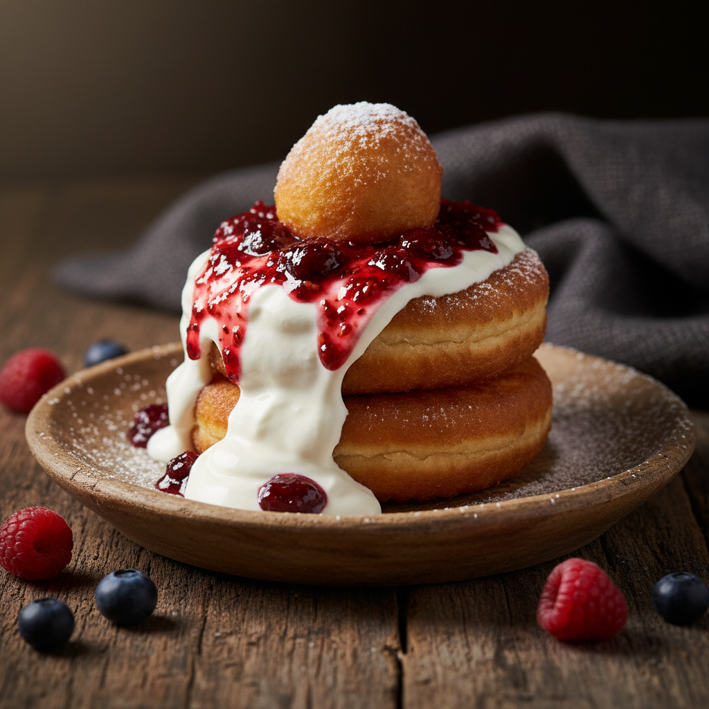 Papanași Romanian donuts with sour cream and sour cherry jam
