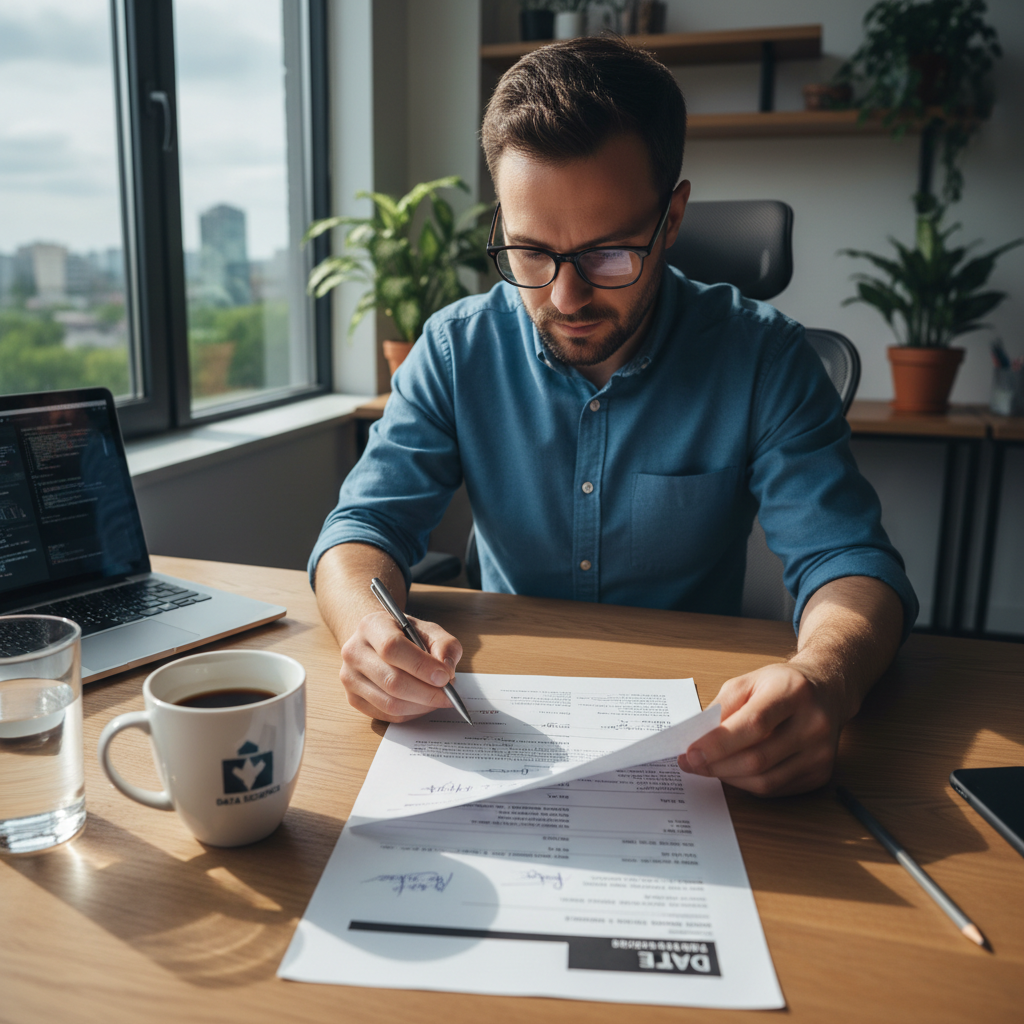 Data scientist reviewing a printed resume document at a clean desk with coffee and notebook