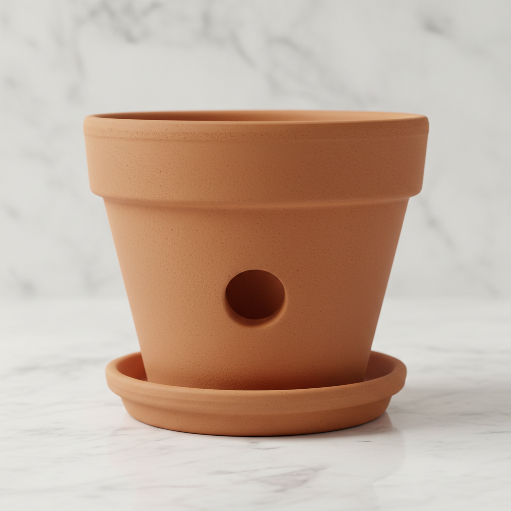 Classic terracotta clay flower pots in garden setting with drainage holes