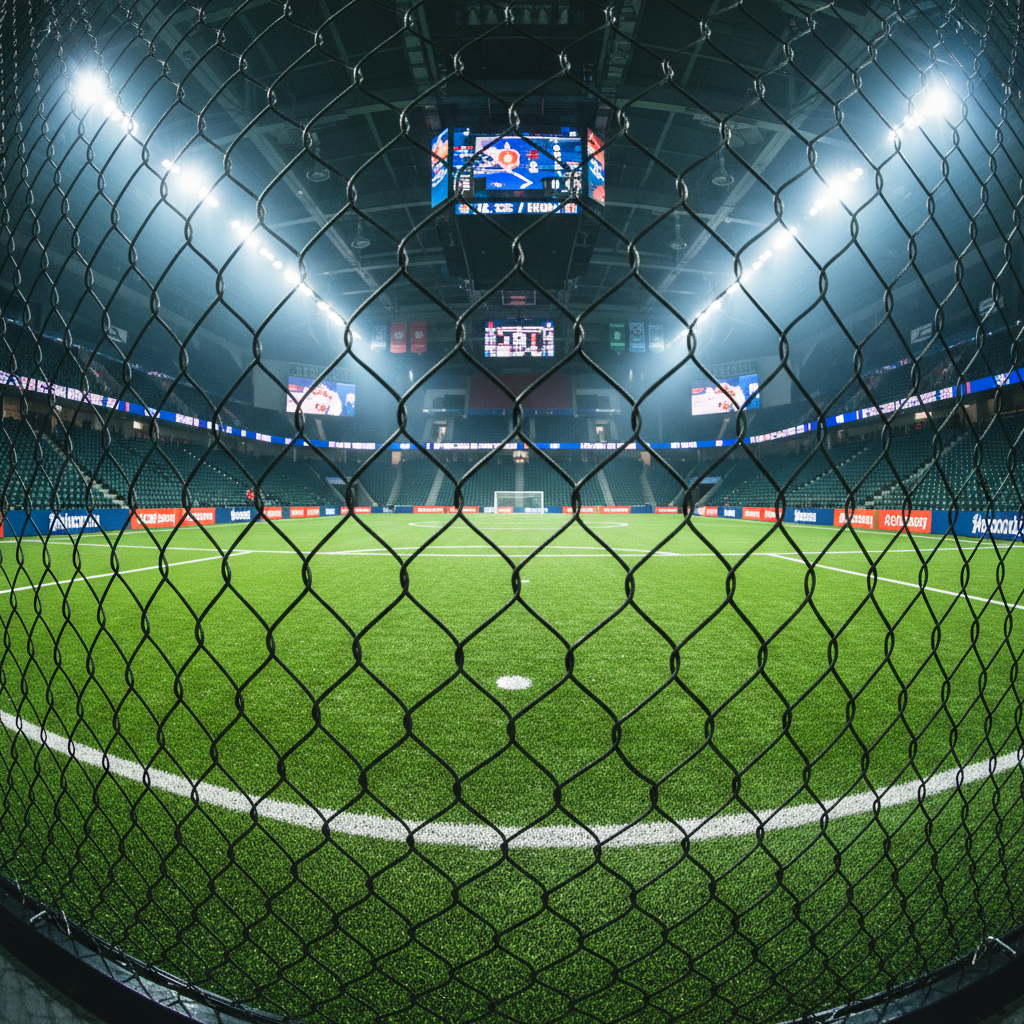 Bright indoor sports arena with cage netting and artificial turf under stadium lighting