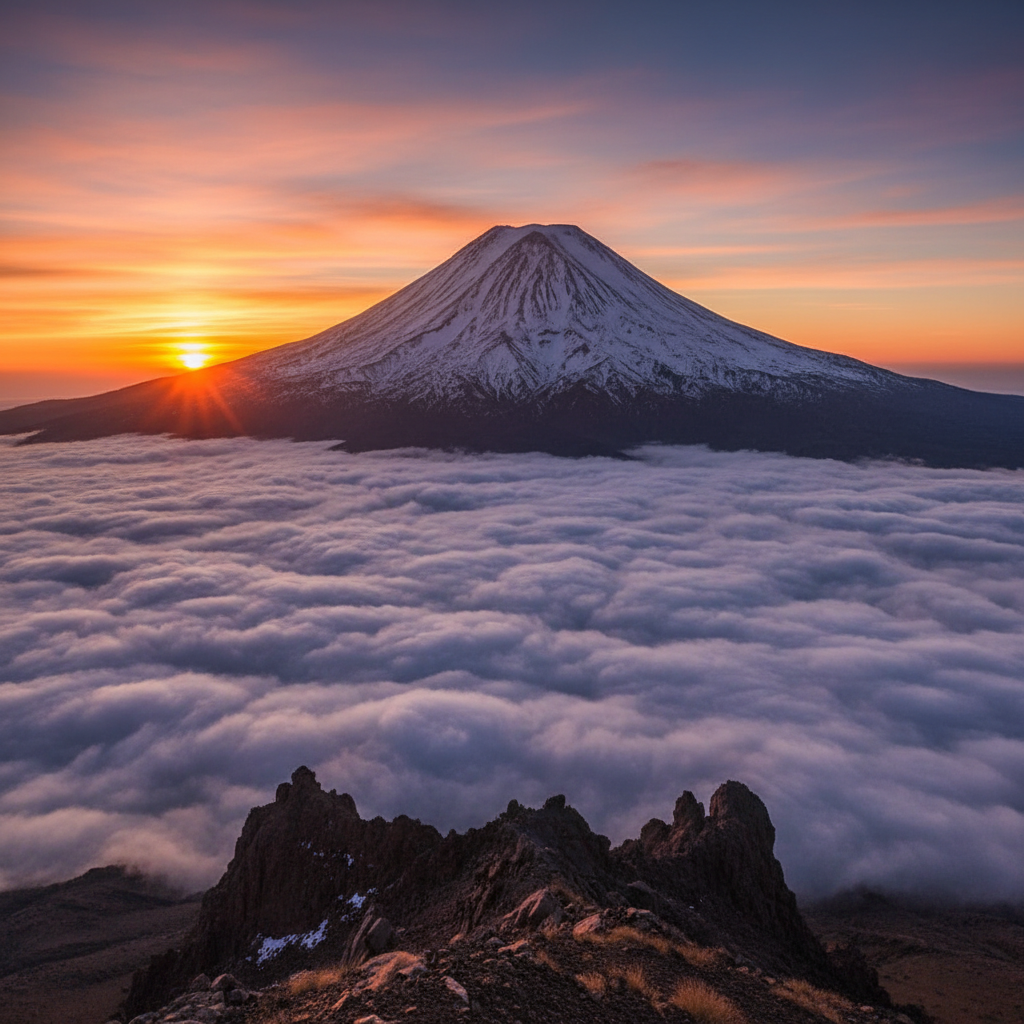 Towering Mount Damavand volcanic peak with snow-covered summit rising above cloud layer at sunset