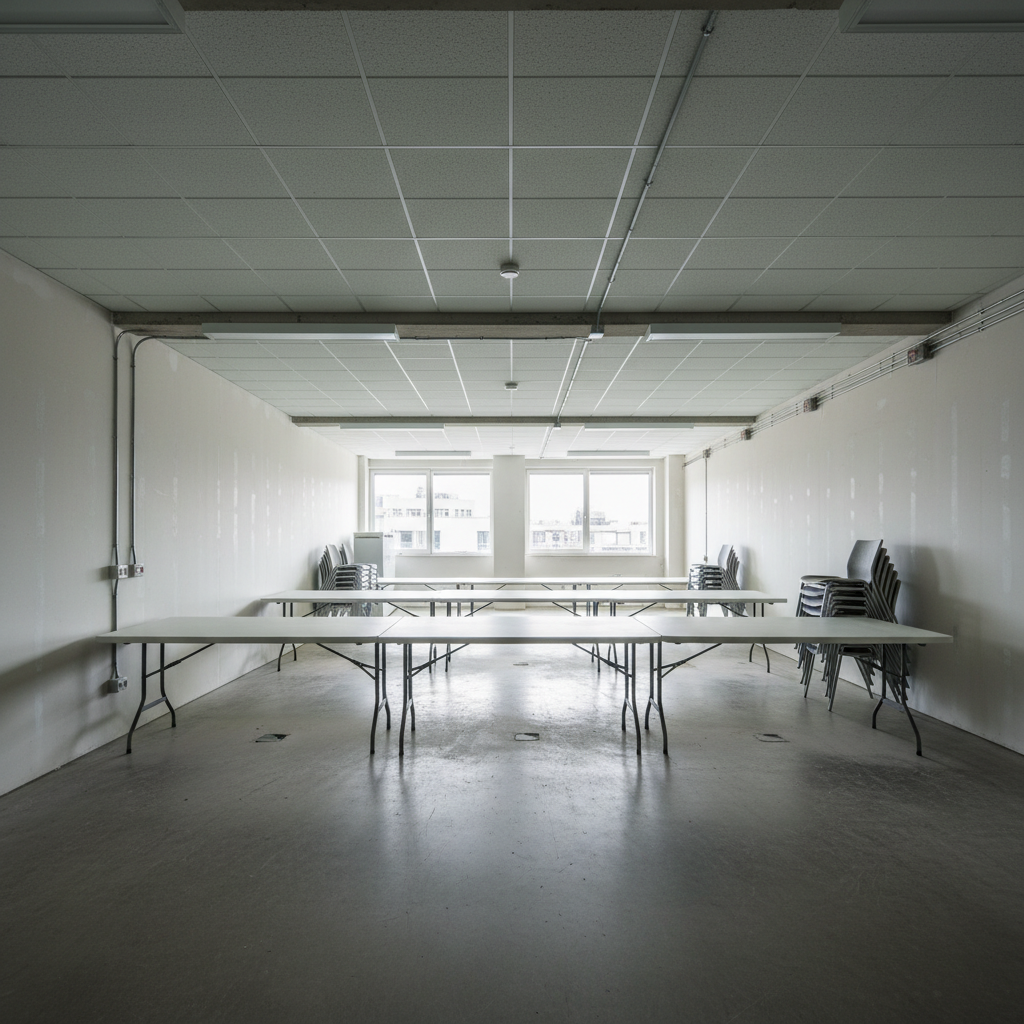 Bare startup office space before design — folding tables, no branding, harsh lighting