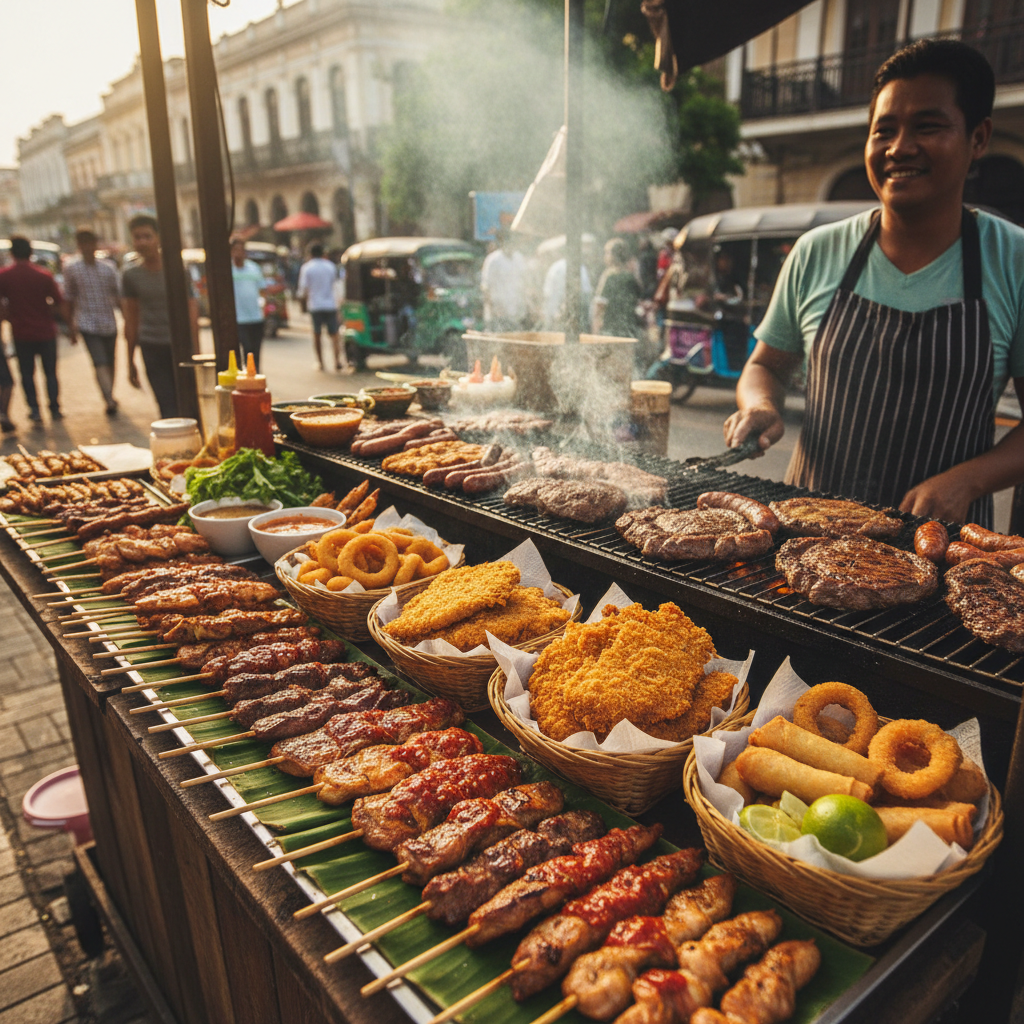 Grilled and fried food in a street food setting with pepper sauce