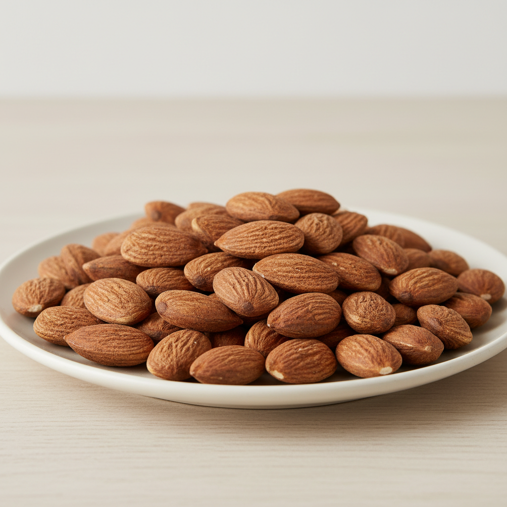 Whole almonds scattered on a bright white surface under clean studio lighting