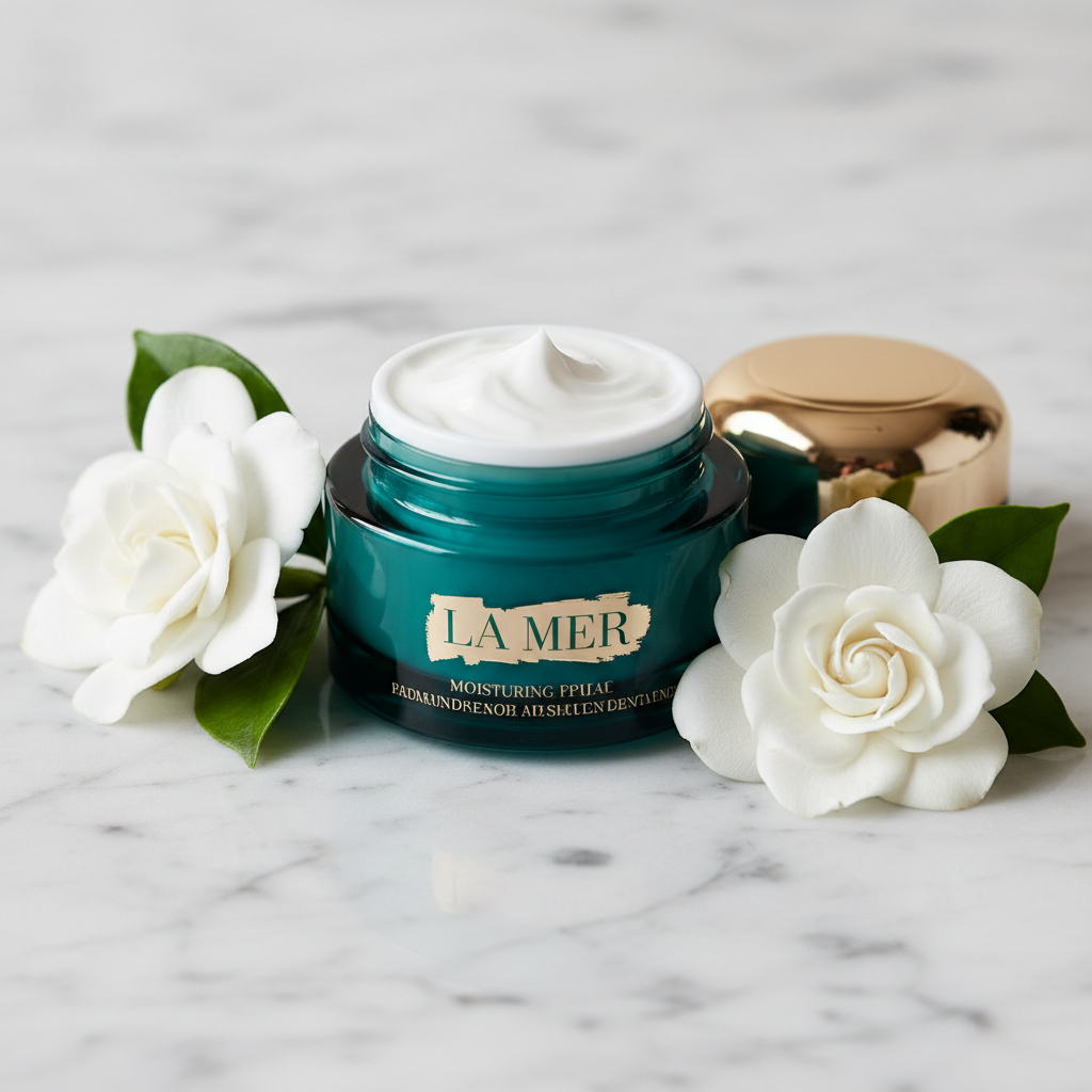 Luxury La Mer cream jar with teal lid on white marble surface