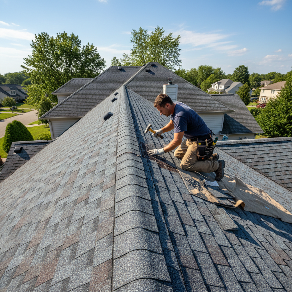 Storm damage roof repair — roofer replacing damaged shingles after a Chicago hailstorm