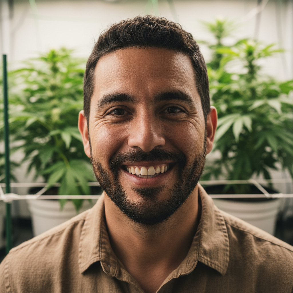 Latino man in his 30s smiling, experienced home cannabis cultivator based in Denver