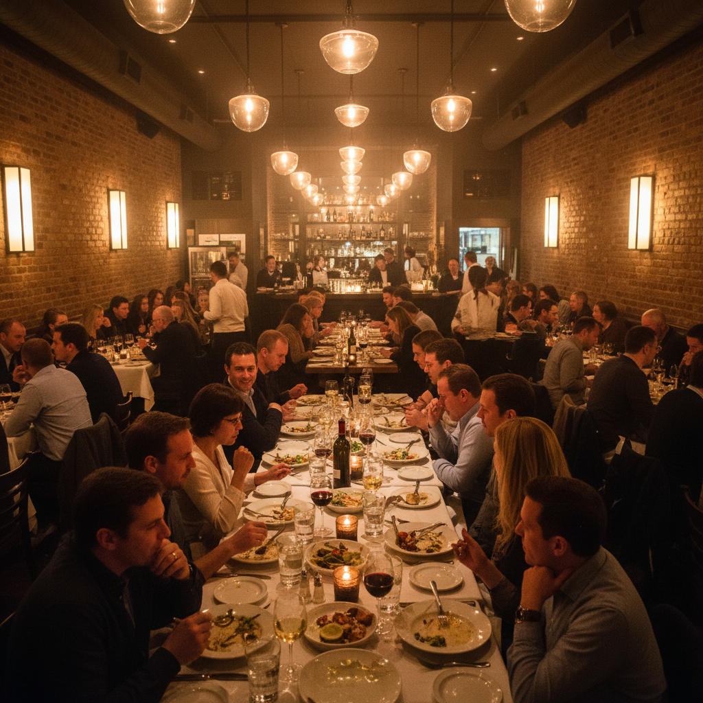 Lively restaurant dining scene with happy guests, warm ambient lighting, and full tables — bright, energetic, welcoming family atmosphere