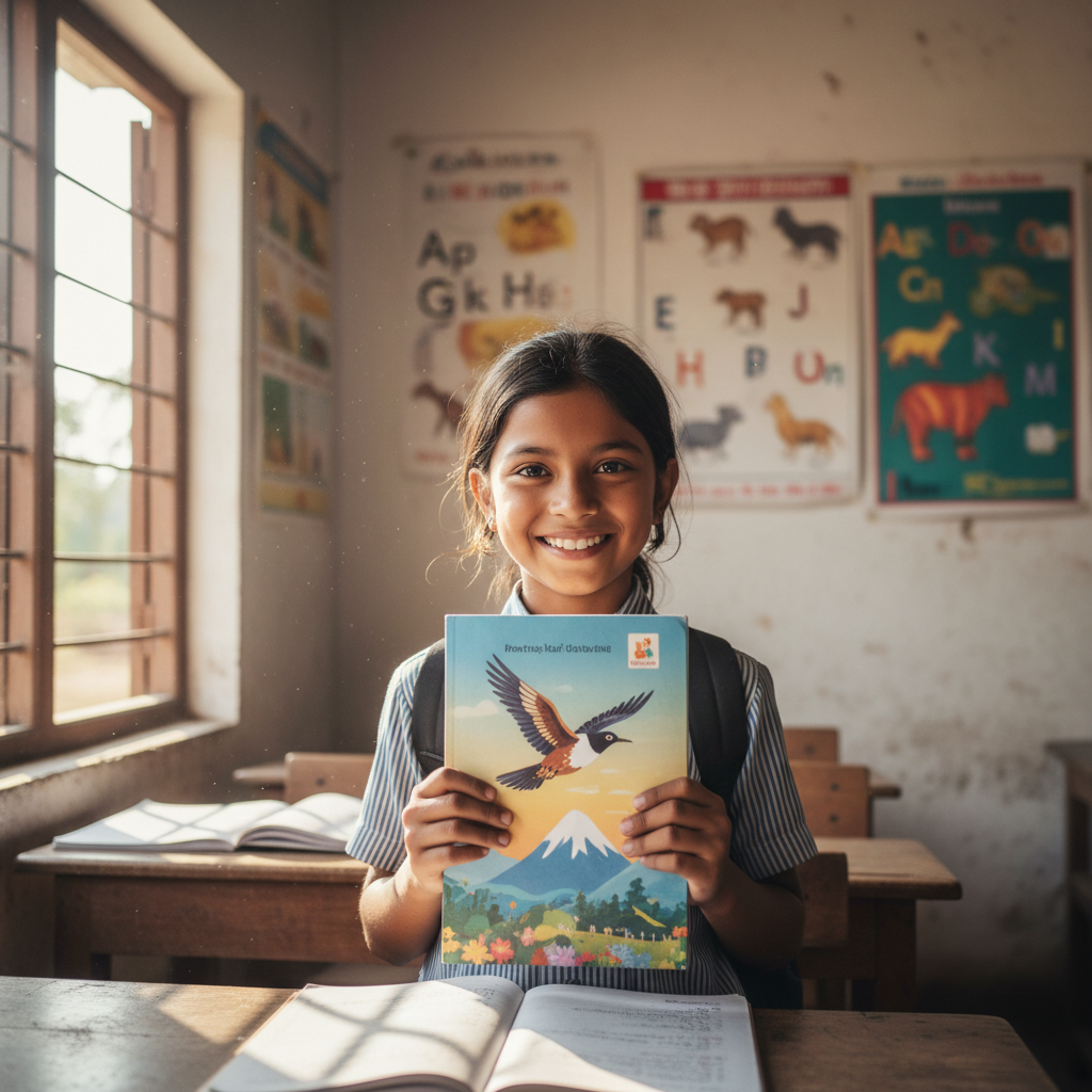A young student in a rural classroom holding up a newly received book, smiling wide at the camera