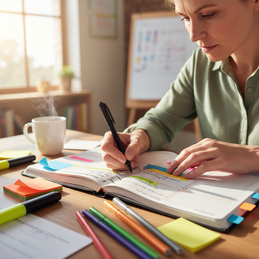 Lesson plan notebook open on a desk with a cup of coffee and colorful sticky notes