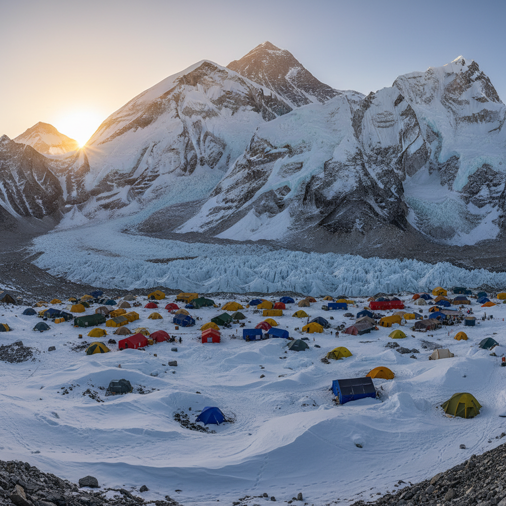 Panoramic view of Everest base camp with tents and dramatic icefall at golden hour