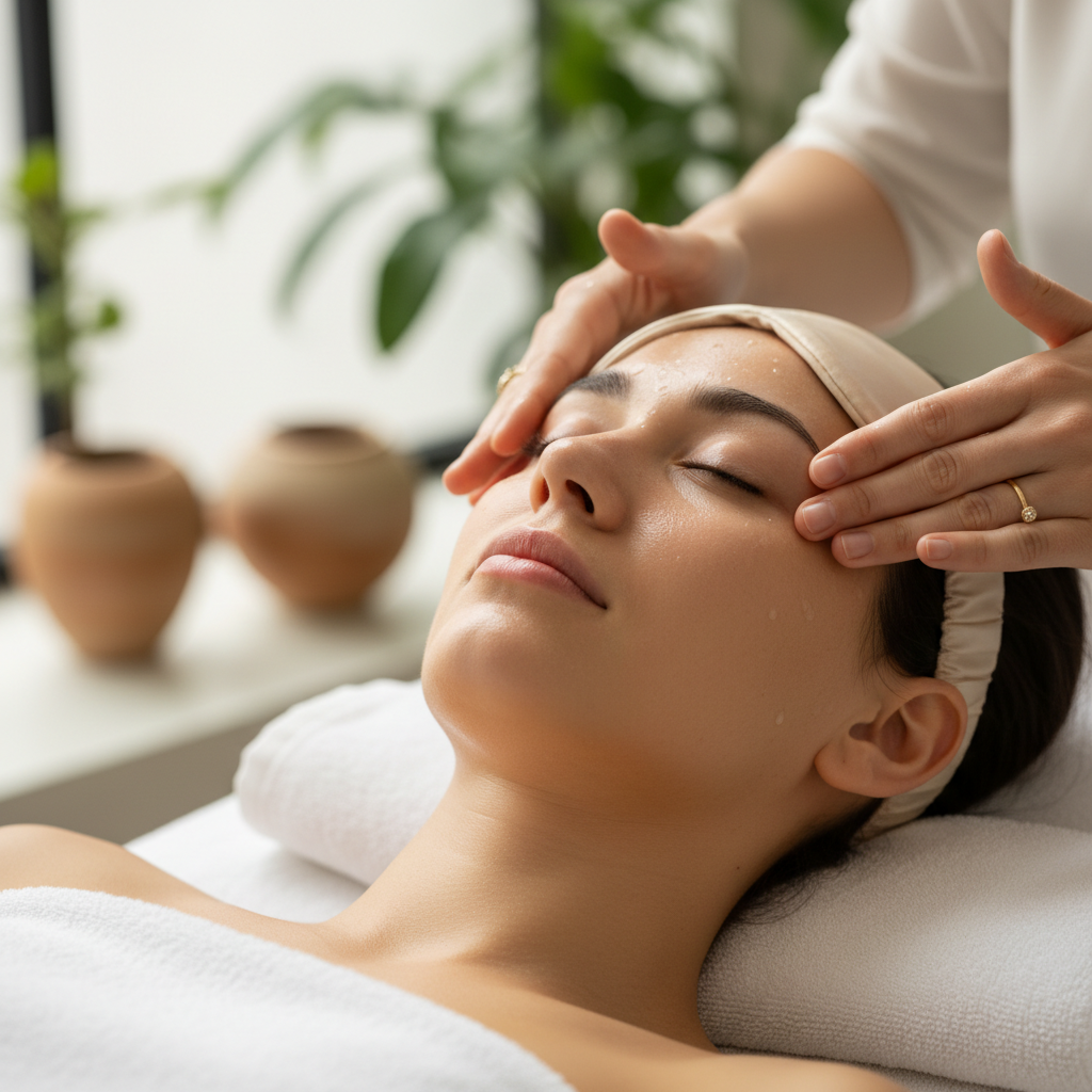 Luxurious anti-aging facial treatment with botanical serums and facial massage tools on a spa table