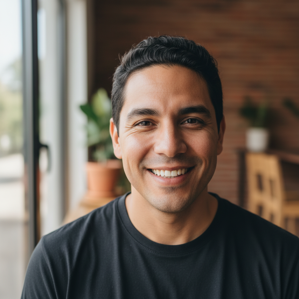 Professional headshot of Hispanic man with short black hair wearing navy blue shirt