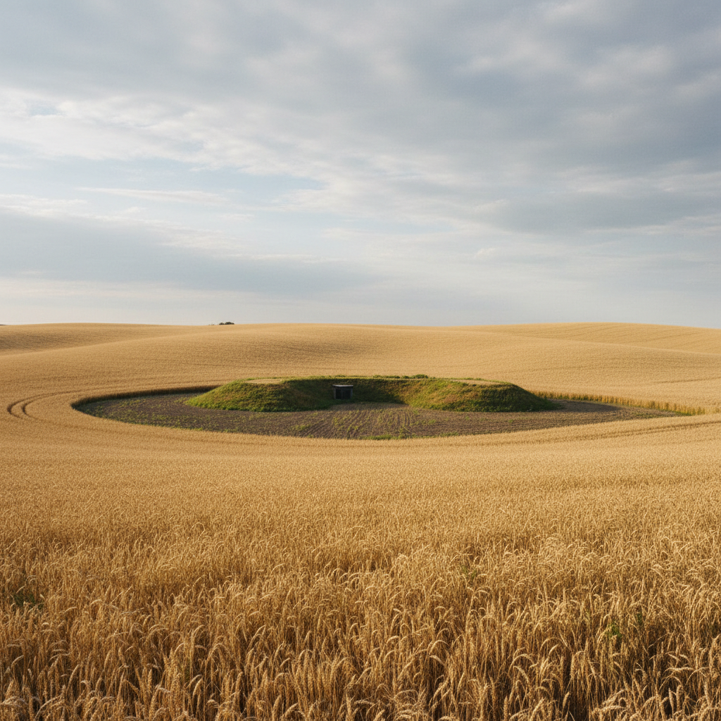 Wheat field with gentle rolling terrain and no visible structures — the earth-sheltered home is buried beneath the agricultural land