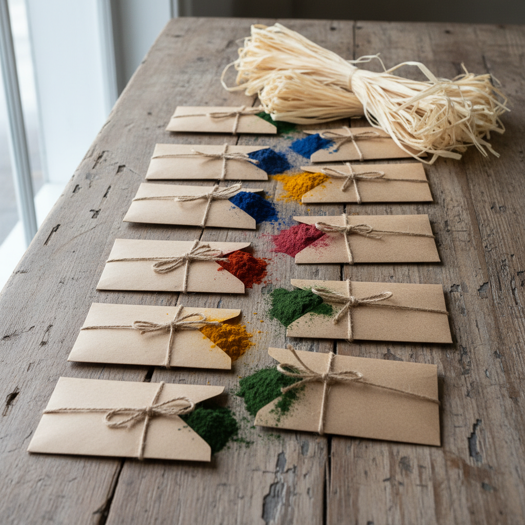 Natural plant-based dye powders in small kraft envelopes beside undyed raffia skeins